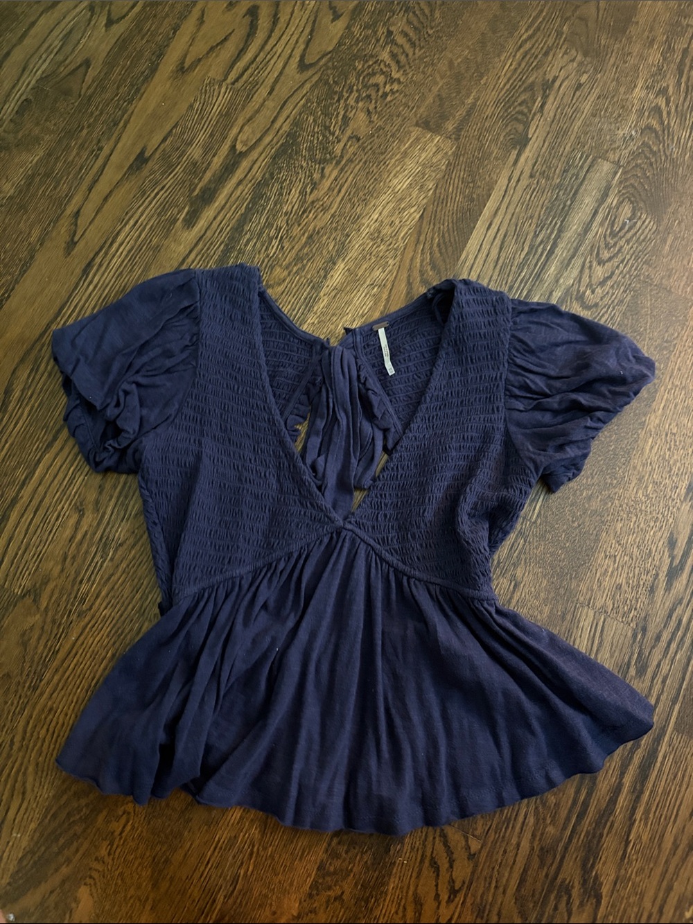 Free People Dark Navy Smocked V-Neck Peplum Top